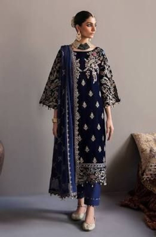 Blue Luxury Velvet Dress Embroidered 3 Piece Unstitched