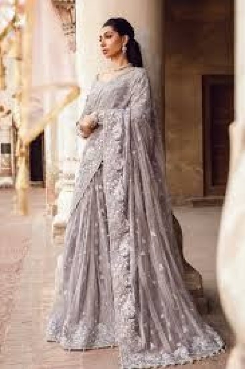 Luxury Net Purple Embroidered Saree Stitched