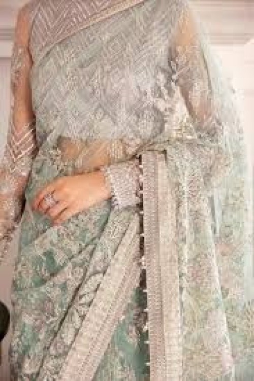 Embroidered Luxury Net Saree 3 Piece Stitched