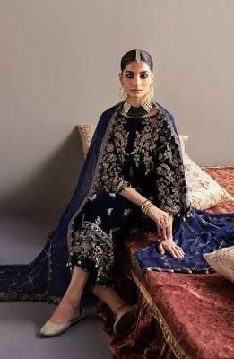 Blue Luxury Velvet Dress Embroidered 3 Piece Unstitched