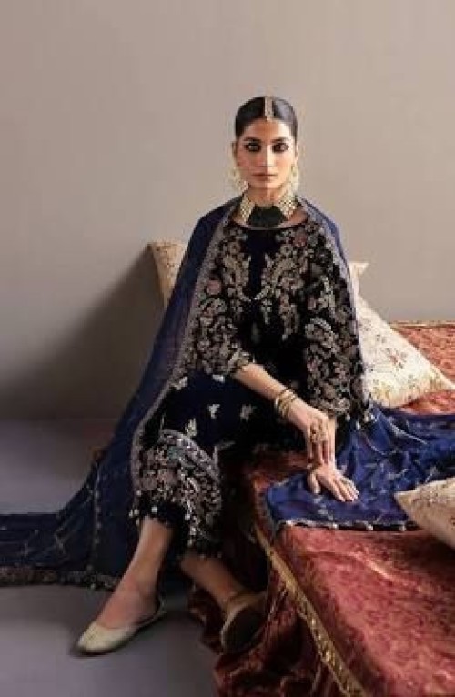 Blue Luxury Velvet Dress Embroidered 3 Piece Unstitched